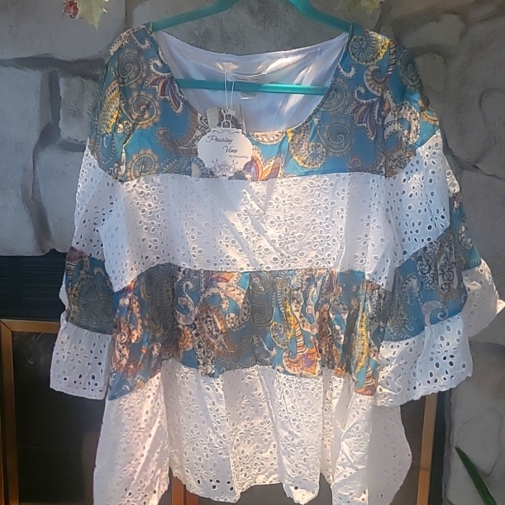 NWT Paisley Vine Womens Boho Coastal Cowgirl Ruffled Babydoll Top 2XL